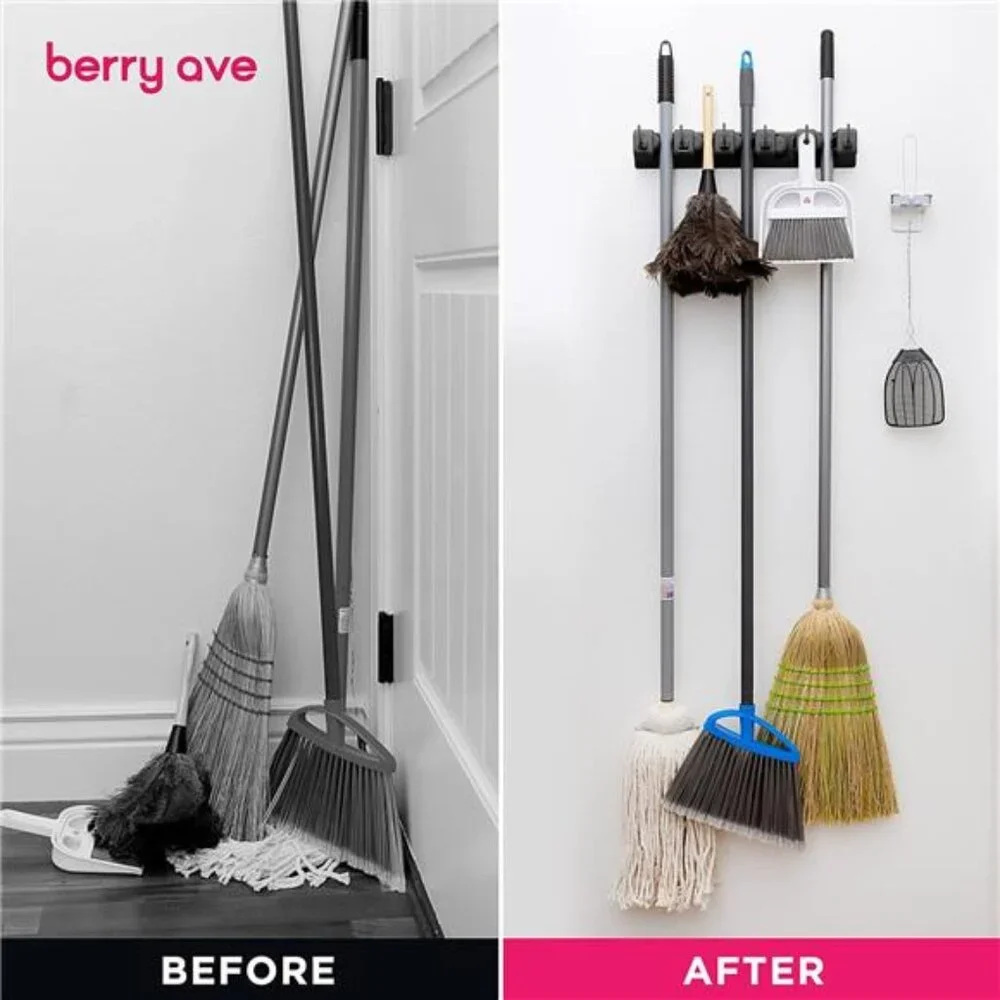 Wall-Mounted Broom Holder - Garden Tool & Utility Organizer with‎ Hooks, 1pack